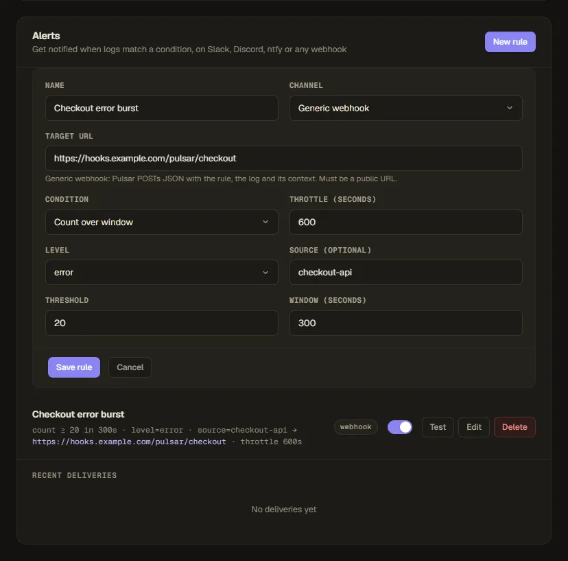 The Pulsar alert rule editor: a count-over-window rule on checkout-api errors, posting to a webhook