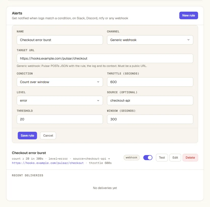 The Pulsar alert rule editor: a count-over-window rule on checkout-api errors, posting to a webhook