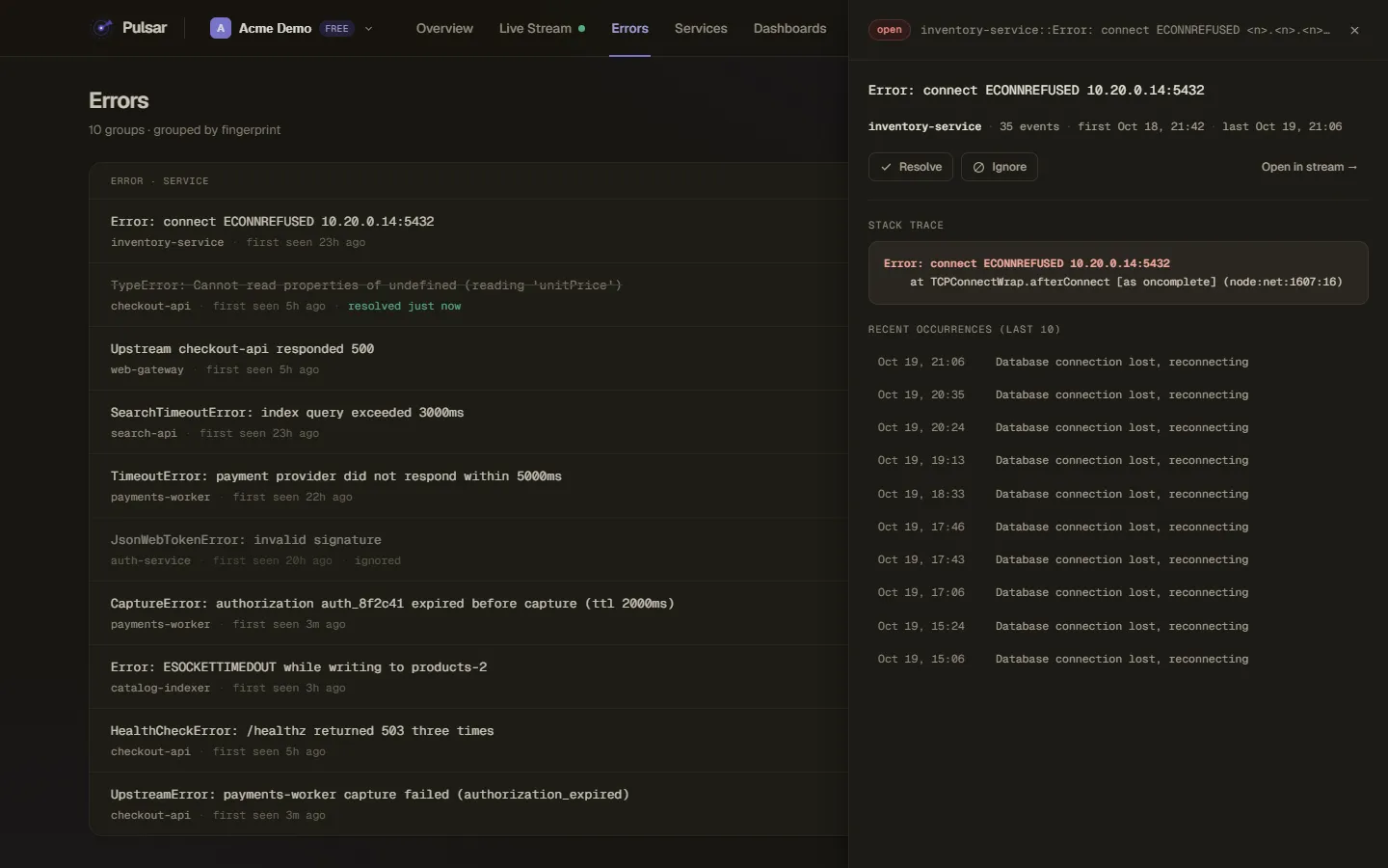 The Pulsar Errors page: grouped errors with their services, and the detail panel of a database connection error