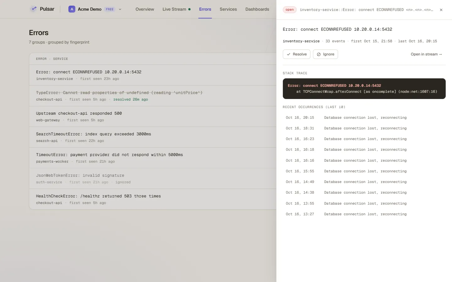 The Pulsar Errors page: grouped errors with their services, and the detail panel of a database connection error